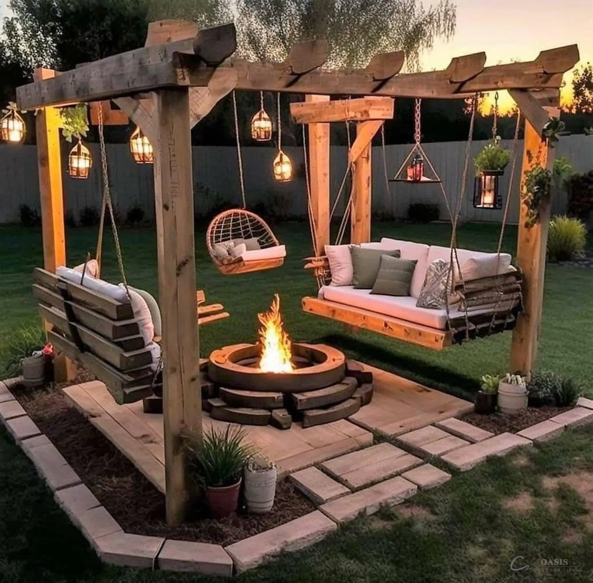 Fire pit pergola at sunset