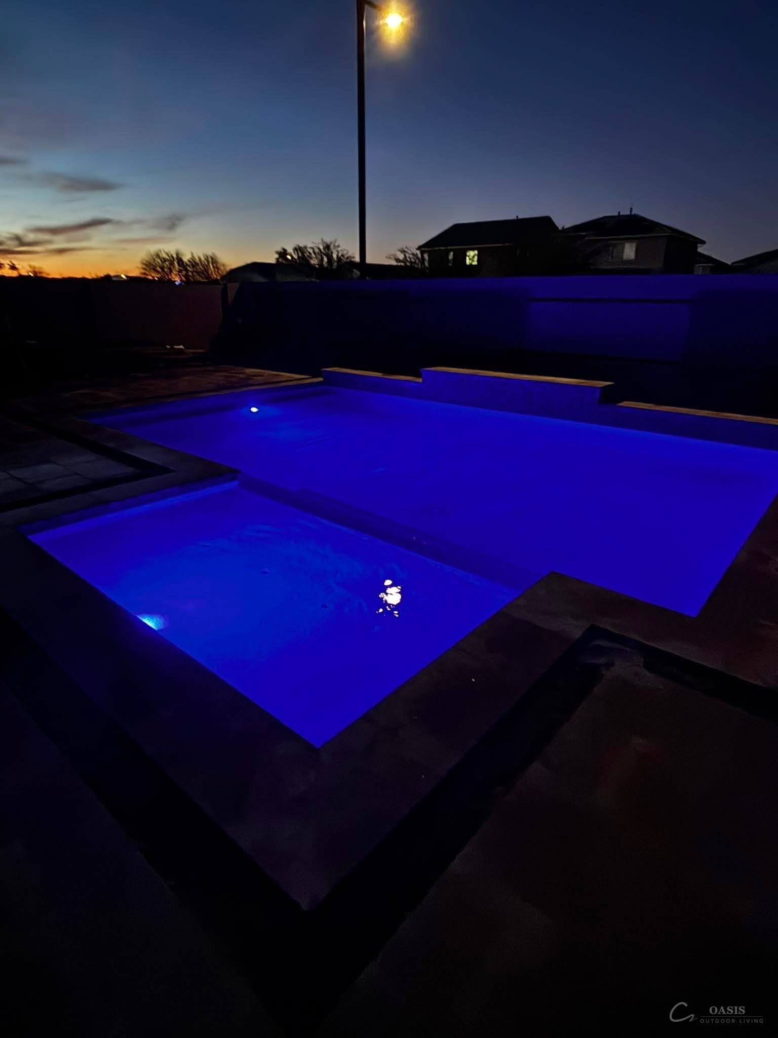 Pool with LED lights at night